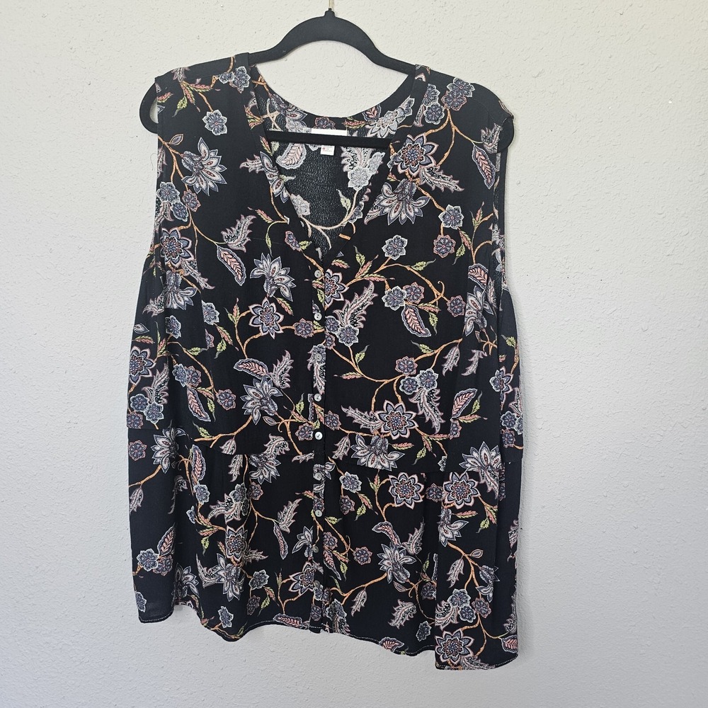 J. Jill Womens 3X Black Floral Paisley Rayon Sleeveless Button Front Blouse Top